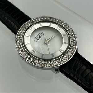 LOFT Ann Taylor Women's Watch Mother Pearl Crystals Silver Black Leather WORKS